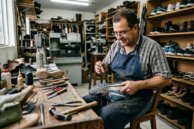 Sapateiro reparando um tênis em Brusque.