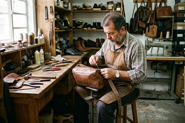 Sapateiro reformando uma bolsa de couro em Brusque.