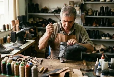 Sapateiro consertando o zíper de uma bota em Brusque.